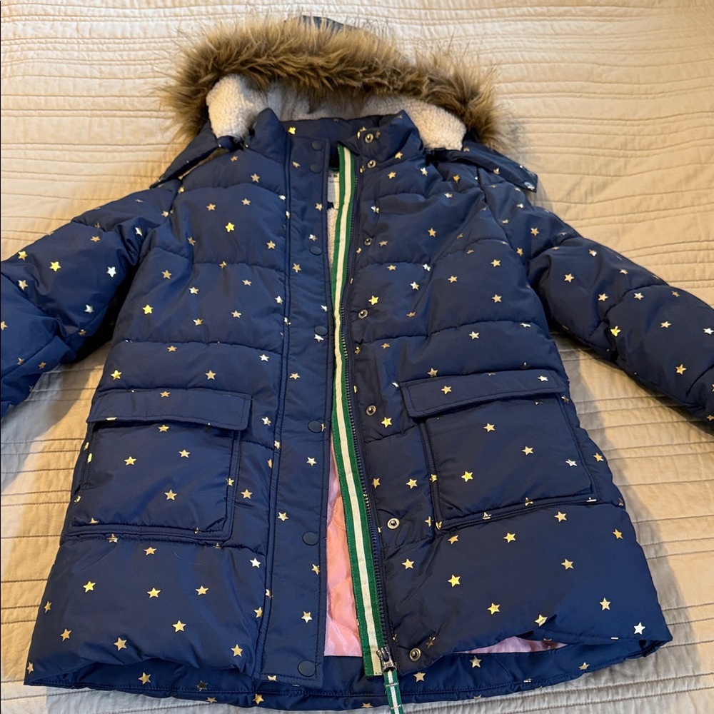 Mini Boden Navy star-patterned kids' puffer jacket